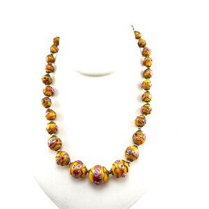 Murano Art Glass Wedding Cake Beaded Necklace Yellow Floral Millefiori 18” Italy